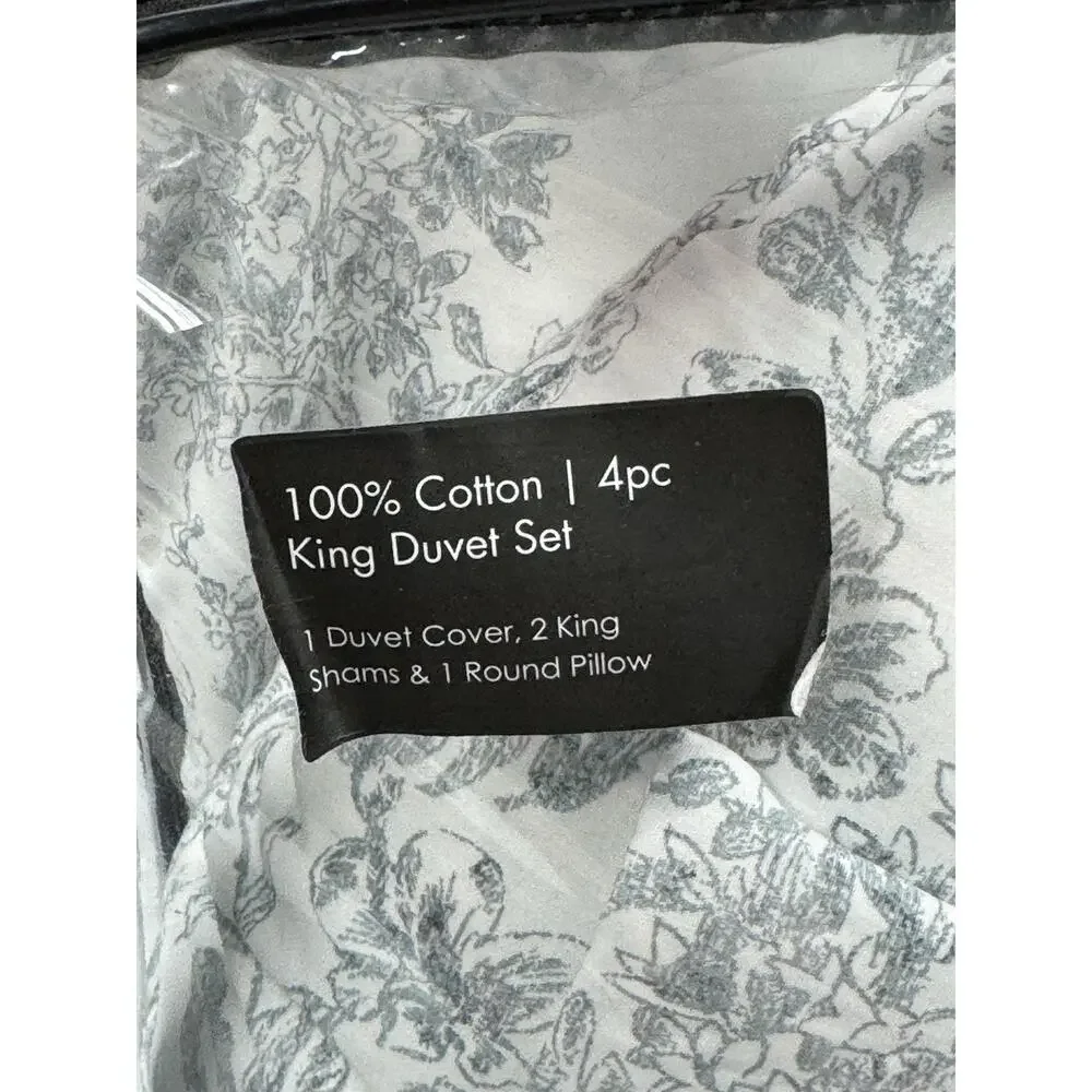 New Tahari Home 4PC KING Duvet Cover Steel Gray Shams Round Bow Pillow